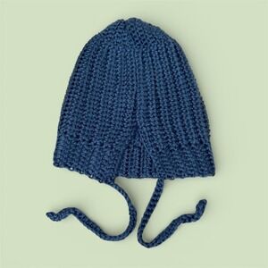 Kids Blue Knit Beanie‎ Hat with Ties Handmade Cozy Winter Warm